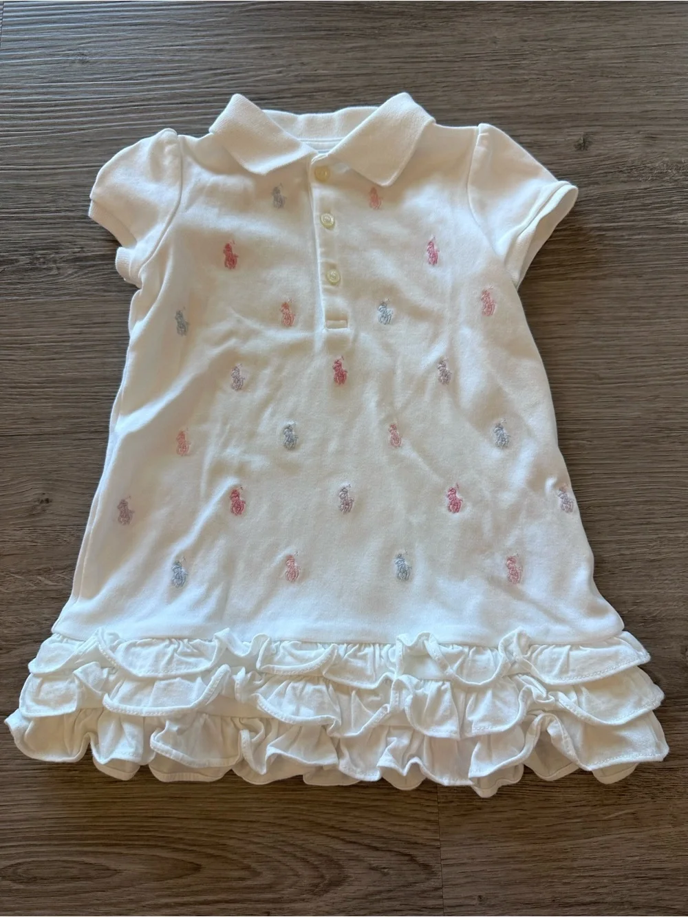 Ralph Lauren White Polo Dress with Ruffle Hem and Pastel Logos - EUC - 18 Months